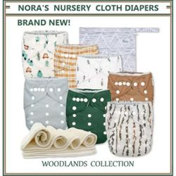 NEW Nora's Nursery Cloth Diapers 7 Pack with 7 Inserts & 1 Wet Bag Woodlands Set