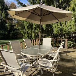 Patio Table with umbrella And Six Chairs