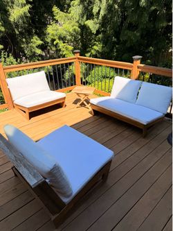 3-Piece Outdoor Wood Seating Set with White Cushions
