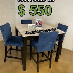 5 PCs Dining Table Set Include 4 Chairs Blue And Faux Marble Table Brand New
