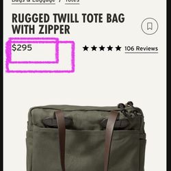 FILSON RUGGED TWILL TOTE BAG WITH ZIPPER