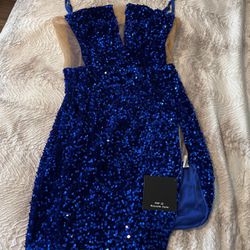 Blue Sequin Birthday Dress With Mesh Detail