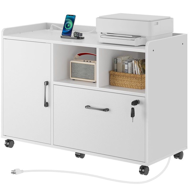 Rolanstar File Cabinet with Charging Station, Mobile Lateral Filing Cabinet with Locking Drawer