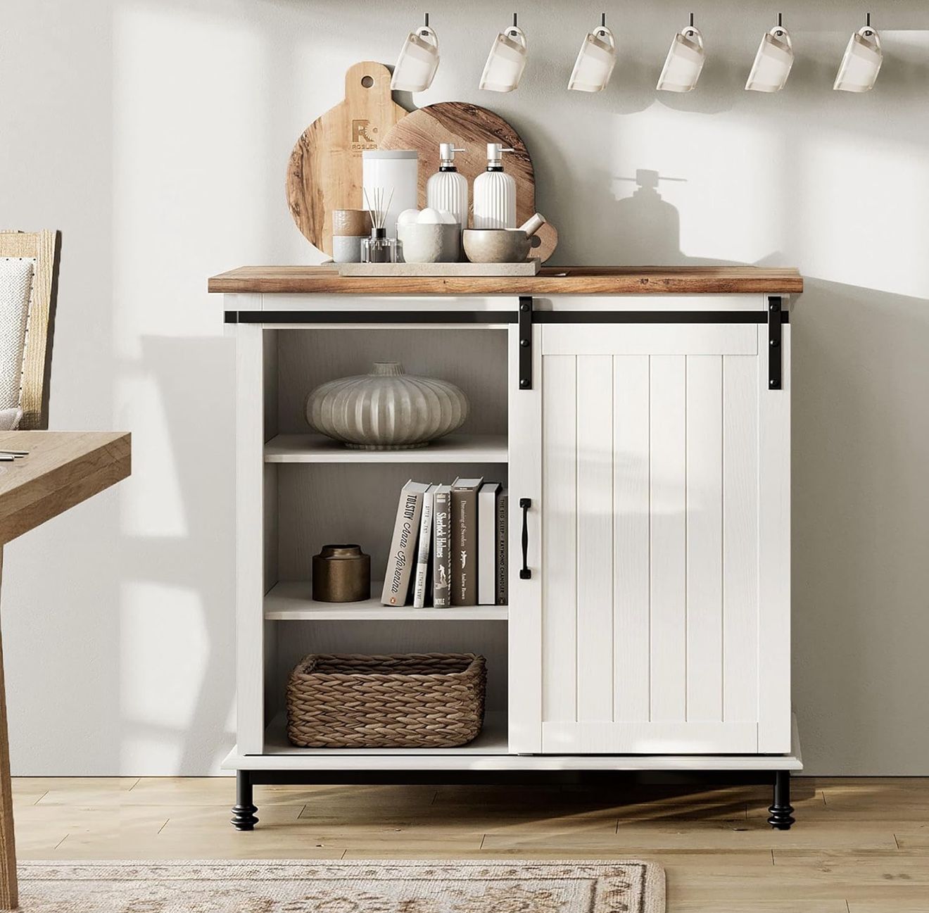 Farmhouse Coffee Bar Cabinet with Sliding Barn Door, Wood Sideboard Buffet Cabinet with Adjustable Shelf & Metal Leg, Kitchen Cabinet for Dining Room,