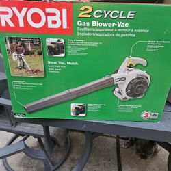 Brand new in a box 2 cycle gas blower with the vacuum on it. So it sucks up leaves too 