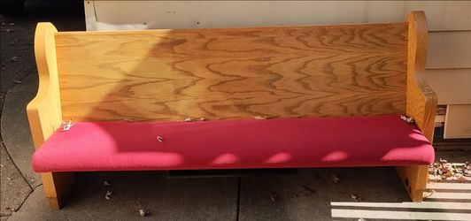 Wooden Church Pew with Red Upholstered Seat