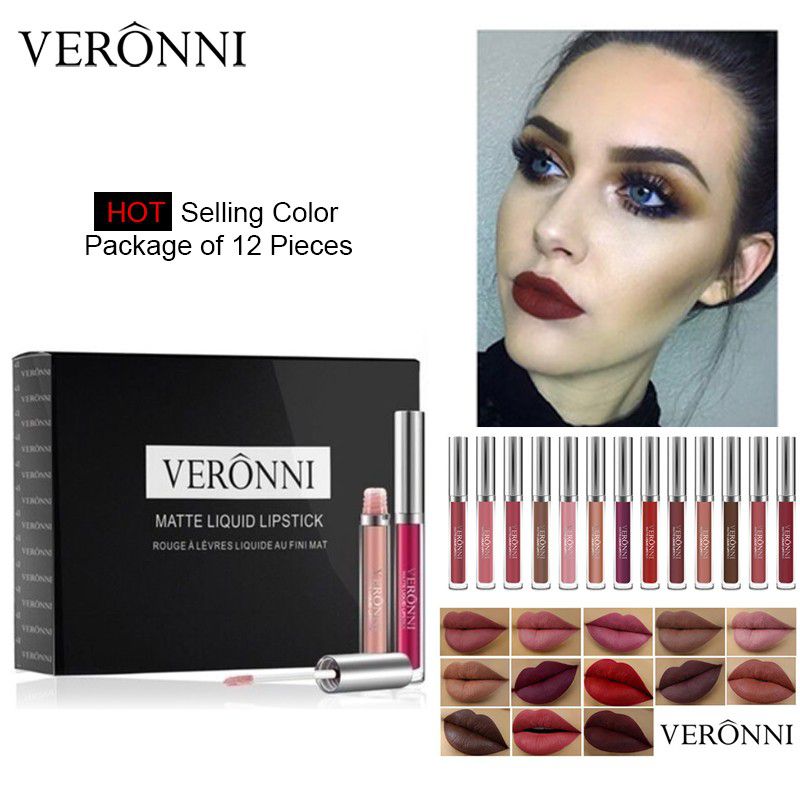 VERONNI Set 12 Pcs Waterproof Matte Liquid Lipstick Lips Paint Make up Cosmetic
