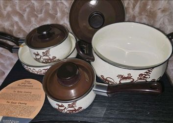 New Vintage Fresh Mushrooms Pots And Pans Set From Zayre Porcelain 7 PC Cookware