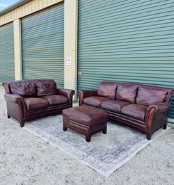 Lather Burgundy Sofa + Loveseat Set w/ Ottoman