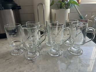 Set of 7 Etched Glass Irish Coffee Mugs