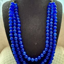 571 Cts Round Shape 3 Strand Blue Onyx Beaded Beautiful Necklace AK 06 E483