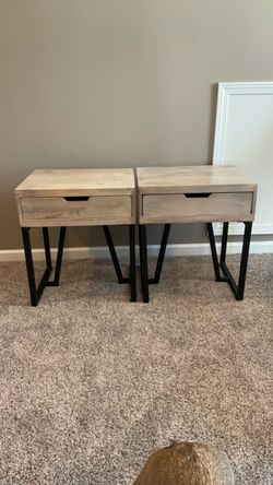 Pair of Distressed Wood & Black Metal Side Tables – $125