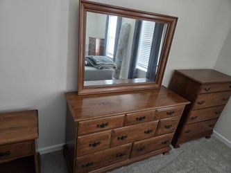 Antique Wood Dresser with Mirror and Chest