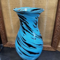 Murano Hand Blown Glass Vase Blue & Black Swirls 14” Tall Large