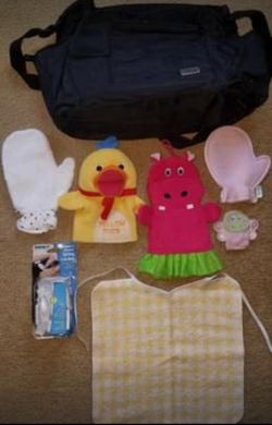 Lot of 8 Baby Items - Diaper Bag, Drawer Latches, Bib and 5 Wash Mitts