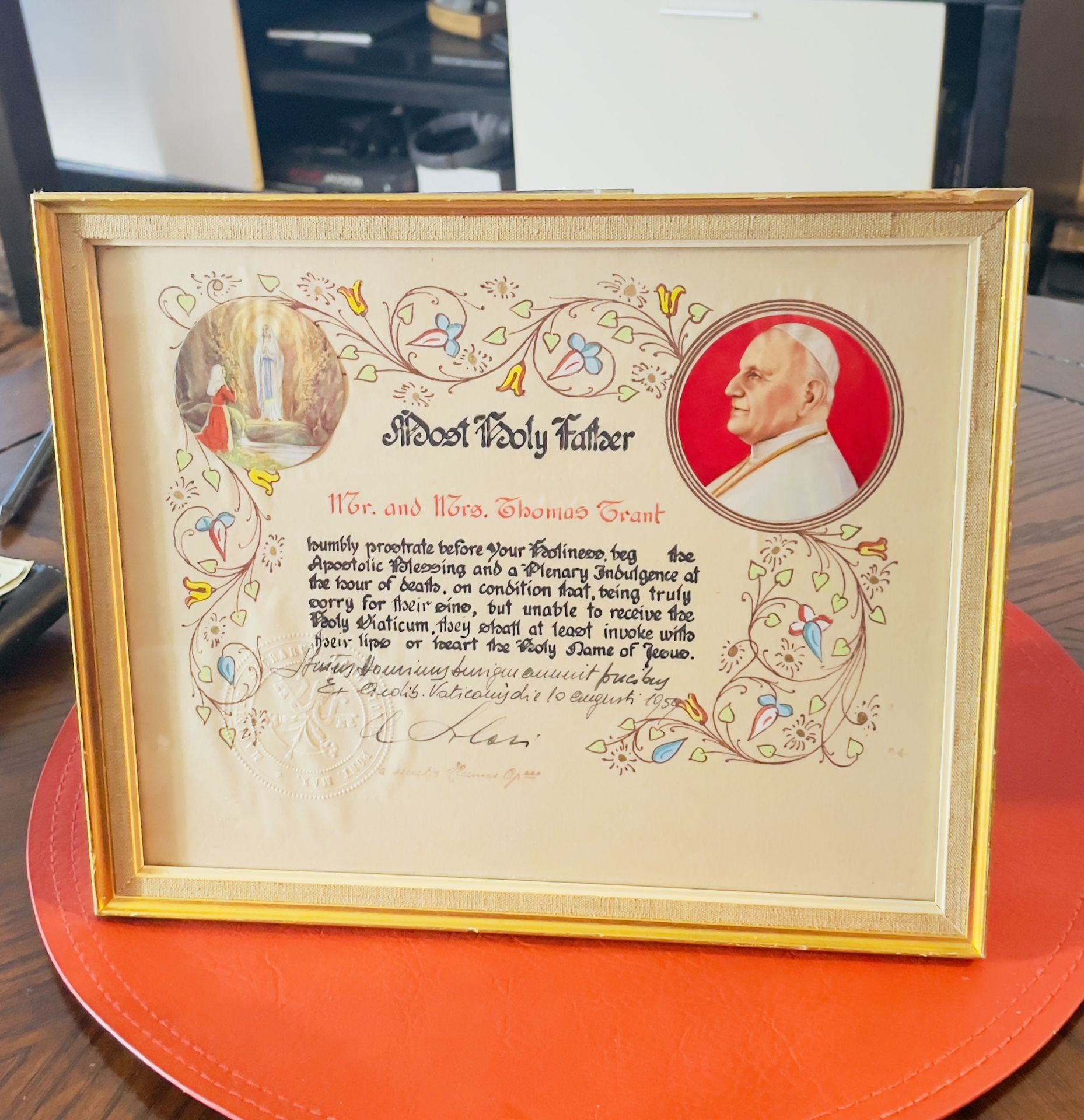 Vintage 1959 Vatican Apostolic Blessing Certificate – Signed,Stamped and Framed.