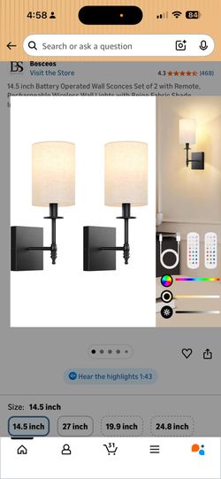 14.5 inch Battery Operated Wall Sconces Set of 2 with Remote, Rechargeable Wireless Wall Lights with Beige Fabric Shade, Indoor Not Hardwired Dimmable