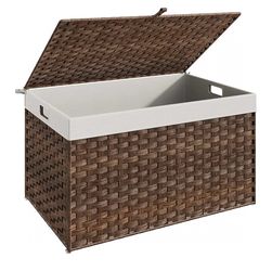 HOOBRO Storage Basket with Lid, 42.3 Gallon (160L) Wicker Basket, Handwoven Blanket Storage Basket with Handles, Metal Frame and Soft Lining, Foldable