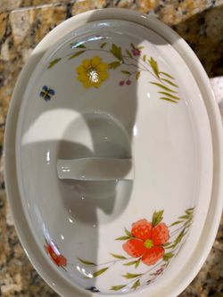 Vintage 2 quart casserole dish with lid in Country Flowers  by Andrea.