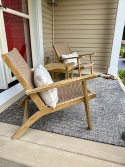 Crate & Barrel Wooden chair set with table. Bonus pillows and outdoor rug