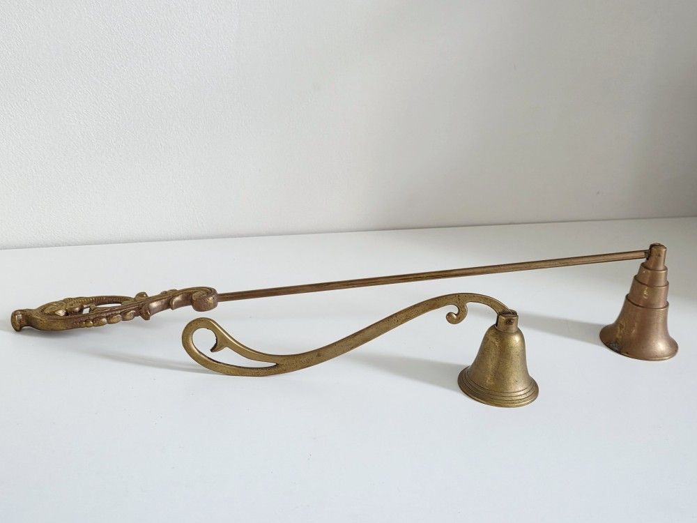 Beautiful Vintage Brass Candle Snuffers Twisted Handle Etched Bell, two pieces
