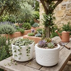 Pair of Matte White Concrete Planter Pots Only with Drainage (2-Piece Set) - $40