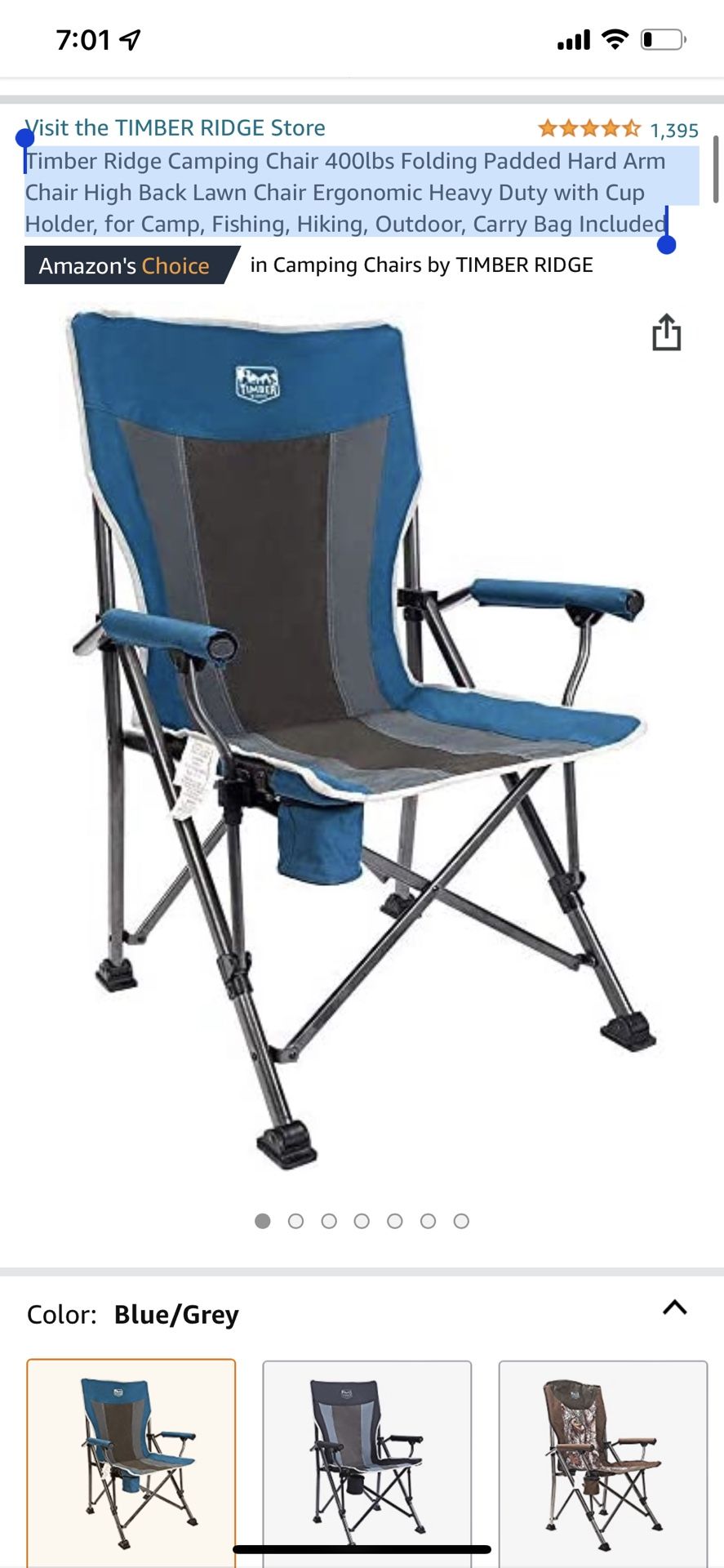 Timber Ridge Camping Chair 400lbs Folding Padded Hard Arm Chair High Back Lawn Chair Ergonomic Heavy Duty with Cup Holder, for Camp, Fishing, Hiking,