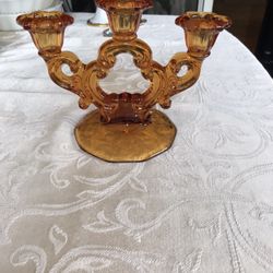 Vintage Cambridge Glass Co. Amber Glass 3 Candle Candleabra 