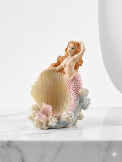 Vintage Pink Mermaid Figurine holding Seashell on Coral Base