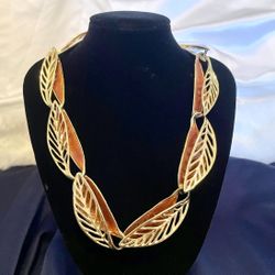VTG Trifari Amber Enamel & Gold Tone Feather Chunky Statement Jewelry Necklace
