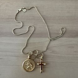 Gold Necklace With Cross , Coin and  Chain.