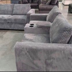 New Corduroy Couch and Loveseat with Charging Station & Cup Holders! Free Delivery 🚚!