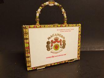 Macanudo cigars collectible box with beaded handle and velvet interior and mirror Engraved!!