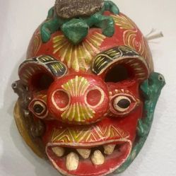 Mexican Hand-Painted Clay Mask with Tortoise and Lizards - 9" x 7" - 2.9 Pounds