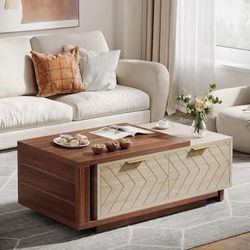 Extendable Coffee Table with 2 Storage Drawers Dual Tone Center Table with Sliding Tabletop Multi Functional Hidden Storage, Walnut and Oak