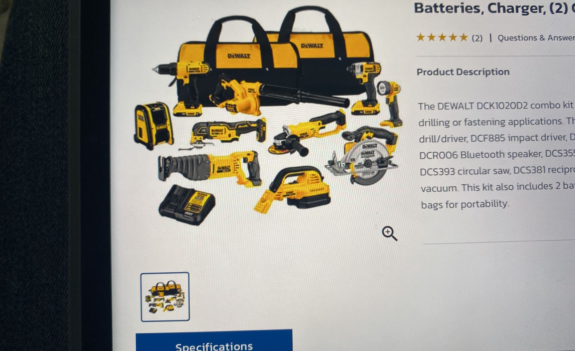 Dewalt 20 V Max10 Tool Combo Kit With 2 Batteries, Charger, 2 Contractor Bags