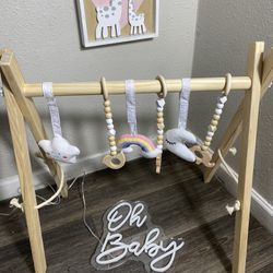 Wooden Baby Gym with 6 Gym Toys, Foldable Baby Play Gym, Natural Pine Wood Play Gym, Frame Activity Center Hanging Bar Newborn Gift Grey, Newborn Gift