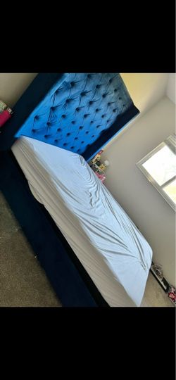 Royal Blue Velvet Tufted Queen Bed + Mattress – $300