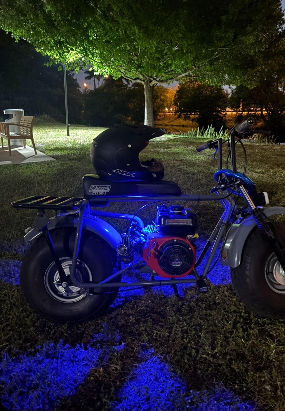 carb up graded needs new gas tank custom knob no chain but have one new in box suspension forks and under glow and head light thumb throttle