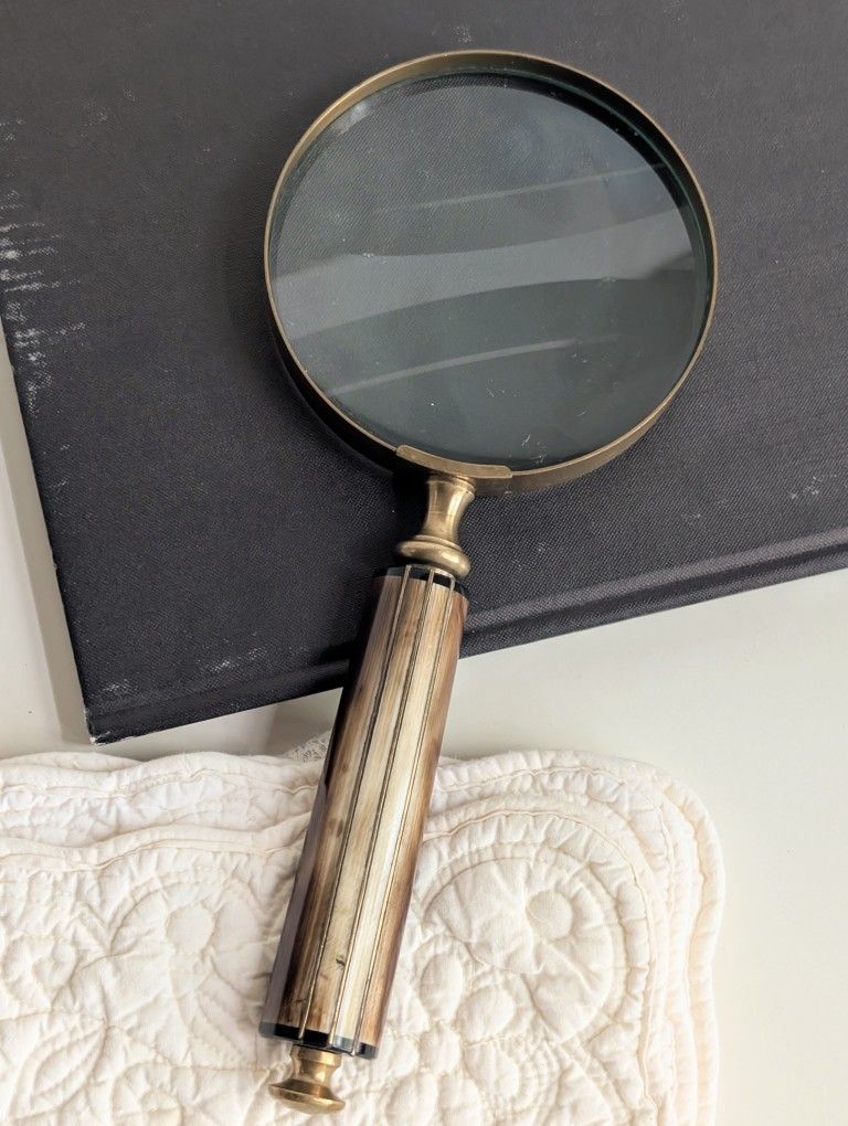 Vintage Brass Magnifying Glass w/ Horn Handle Decorative Desk Accessory 12"