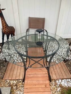Outdoor set metal frame glass table and 3 chairs