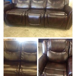 Brown Leather Fully Reclining Three Piece Couch Set 