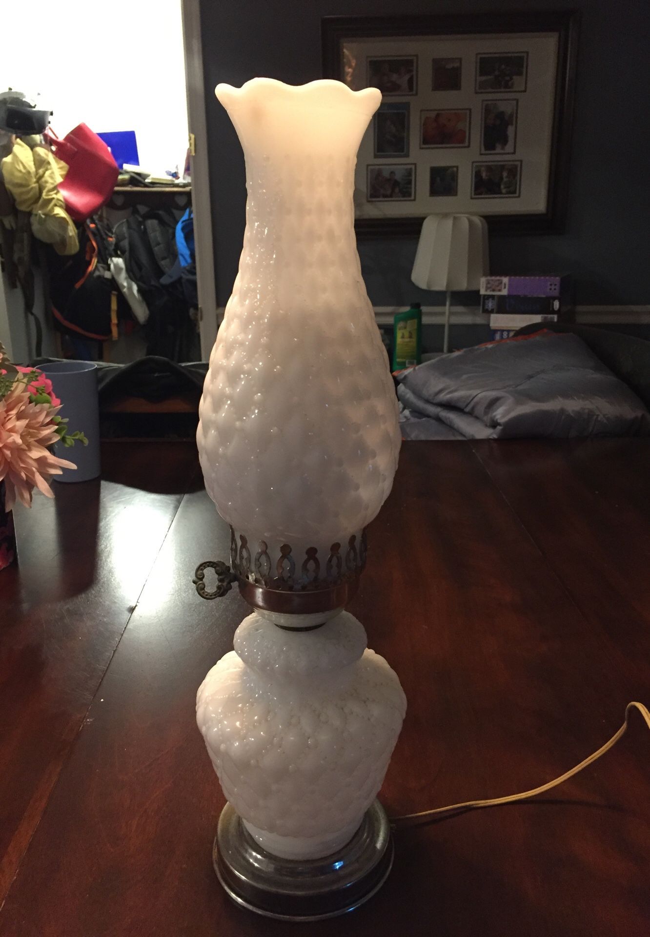 Vintage 1950s original milk glass lamp.