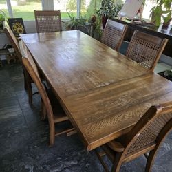 Expandable Wood Dining Table Set + 6 Cane Back Chairs 