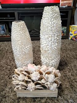 Two  vintage shell vases and assorted shell box