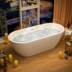 59 in. x 28 in. Acrylic Freestanding Soaking Bathtub in Glossy White with Brushed Brass Drain