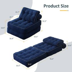 Navy blue folding side corduroy chair converts to twin bed