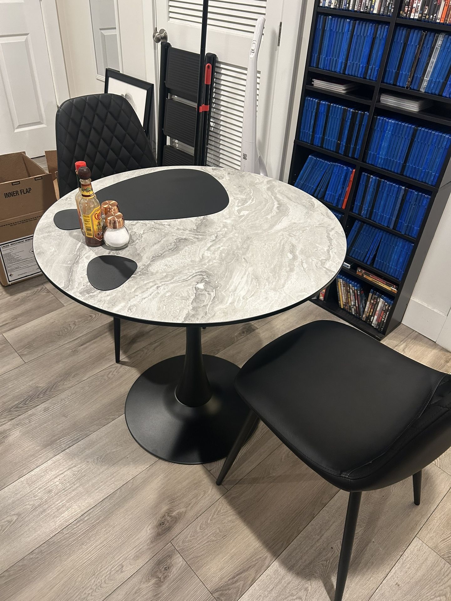 White Marble Effect Melamine Round 80cm Dining Table And Chairs