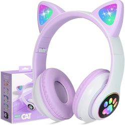 TCJJ Kids Wireless Headphones Cat Ear LED Light Up Bluetooth Foldable Headphones Over Ear with Microphone for Girls Boys School Online Learning (Purpl