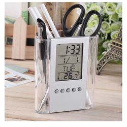 Pen Calendar Desk Holder -Functions LCD Display Alarm Clock Stationery Big Pencil Pouches (Clear, One Size) 